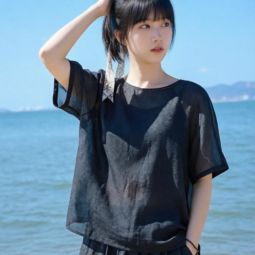 青织谣夏余墨黑细支苎麻轻薄细腻圆领套头衫文艺复古百搭外搭衬衫