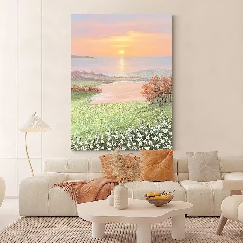 手绘油画落日晚霞k风景装饰画高档客厅玄关挂画小雏菊花卉肌理画