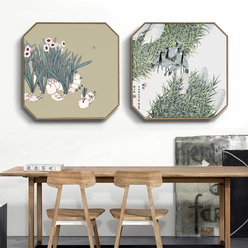 早春·鸳鸯戏水 新中式客厅装饰画植物花卉水仙花挂画茶室壁画