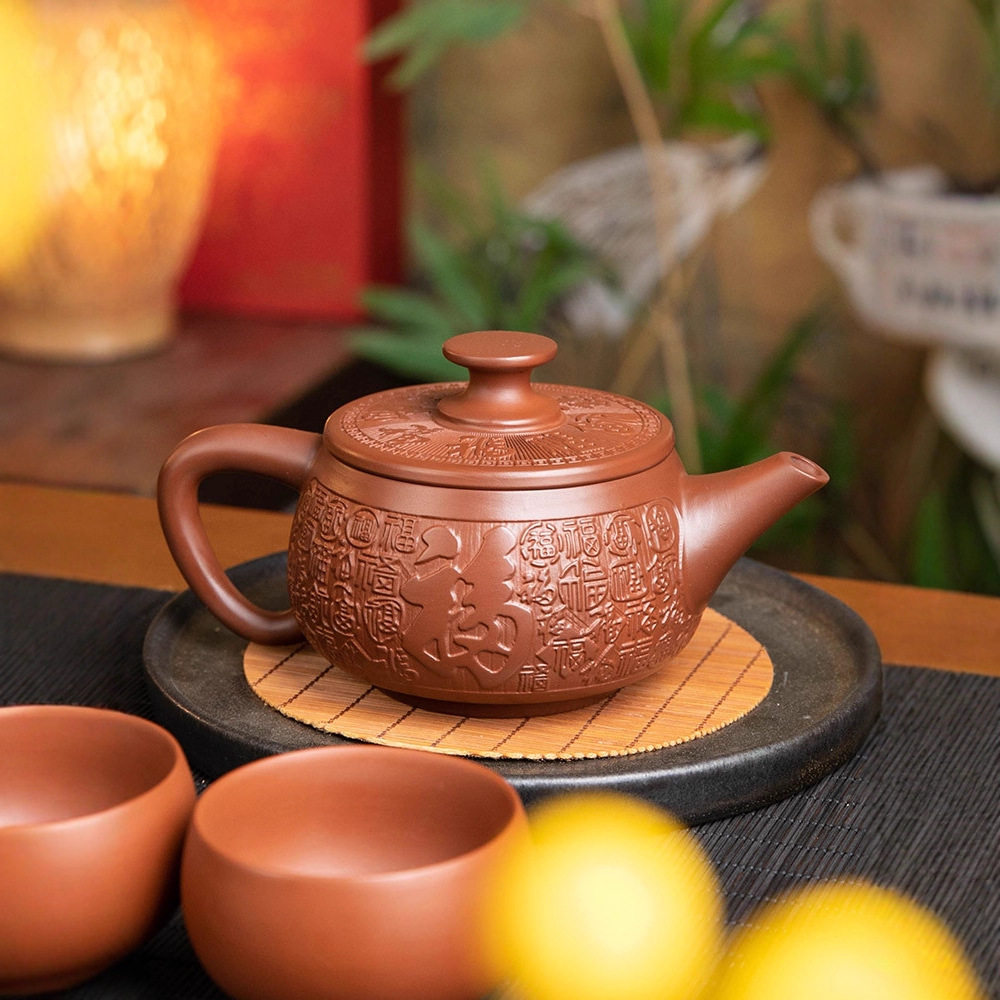 广西坭兴陶百福汉瓦茶壶泡茶大容量全手工雕刻办公家用茶具紫砂壶