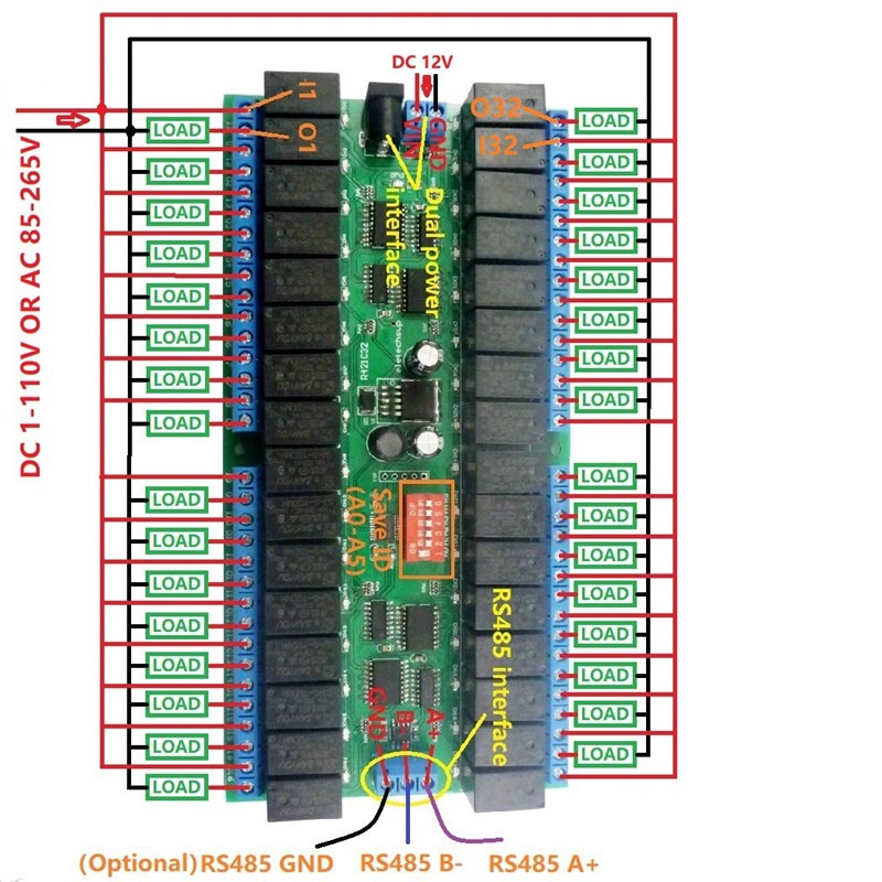 12V b32通道RS485继电器 Modbus RTU协议 串口遥控开关PLC控制板