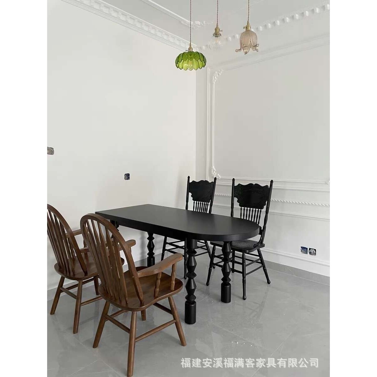 法式复古全实木餐桌黑色中岛台桌椅简约椭圆形书桌工作台原木长桌