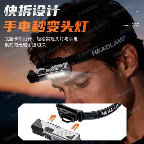 新款光源COB软胶感应头灯户外头戴式可充电led多角度手握式手电筒