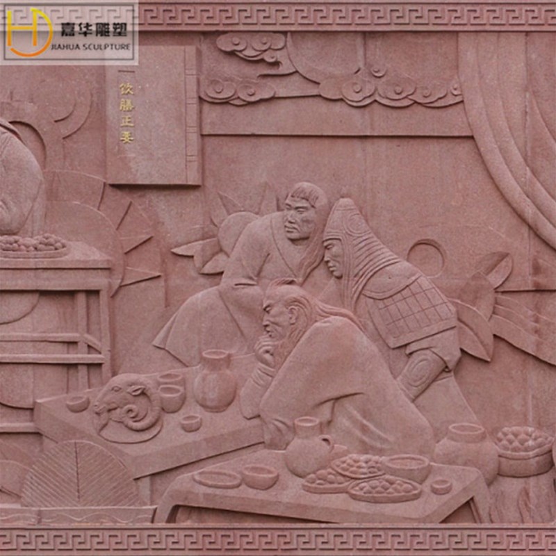 晚霞红石雕古代人物浮雕壁画汉白玉大H理石花草浮雕园林景观装饰