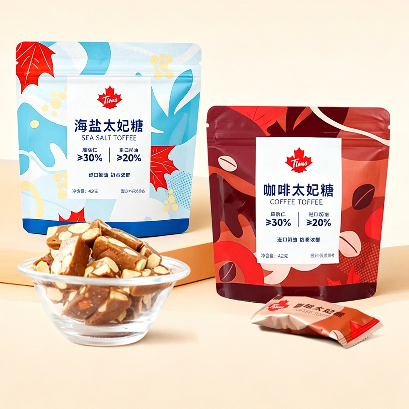 Tims太妃糖果海盐味咖啡糖进口奶油焦糖扁桃仁独立包装休闲零食