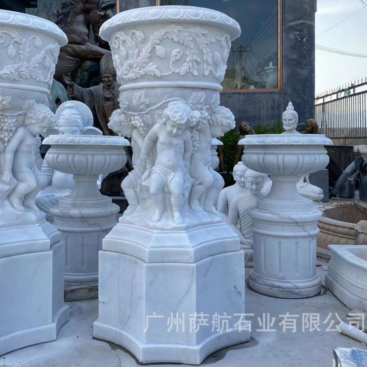石雕大理石花盆 园林景观花盆摆件 酒店广场石材花盆厂家