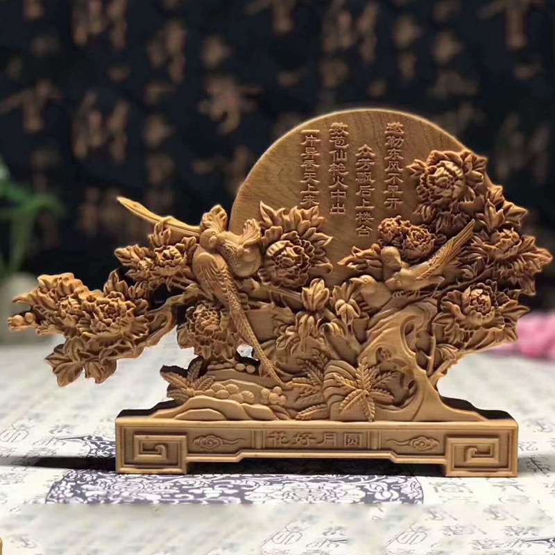 柏木双面立体雕刻摆件 摇钱树 合作共赢 花好月圆 金玉满堂摆件
