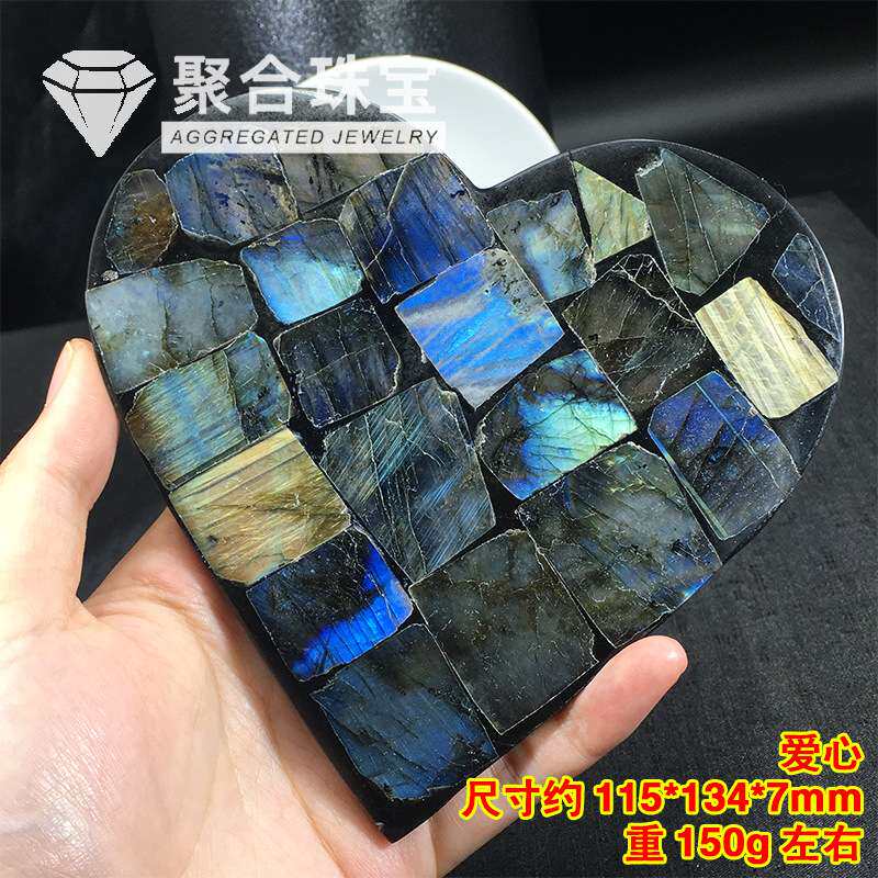 外贸 拉长石圆盘切片原石盘摆件矿标多彩月光石切片矿石