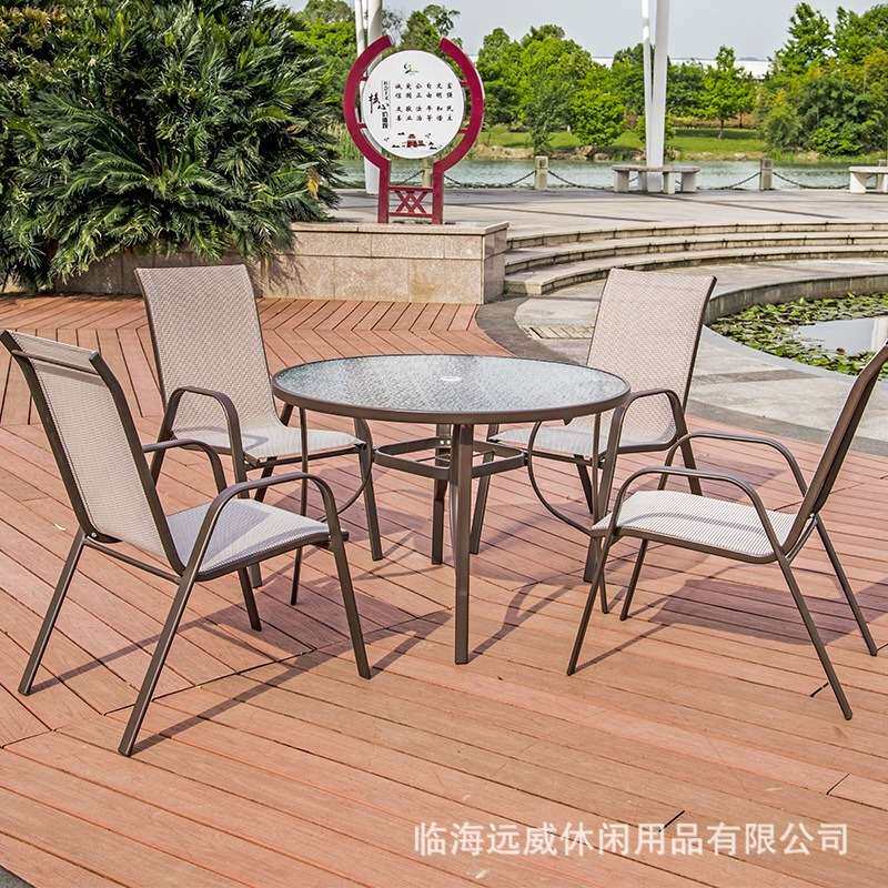 户外钢化玻璃圆桌休闲简约庭院花园桌咖啡店外摆防水防锈铁艺餐桌