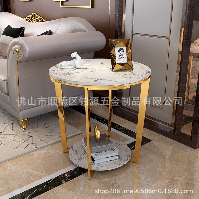 北欧轻奢大理石桌子简约金色小茶几沙发边几镀金不锈钢小户形圆几