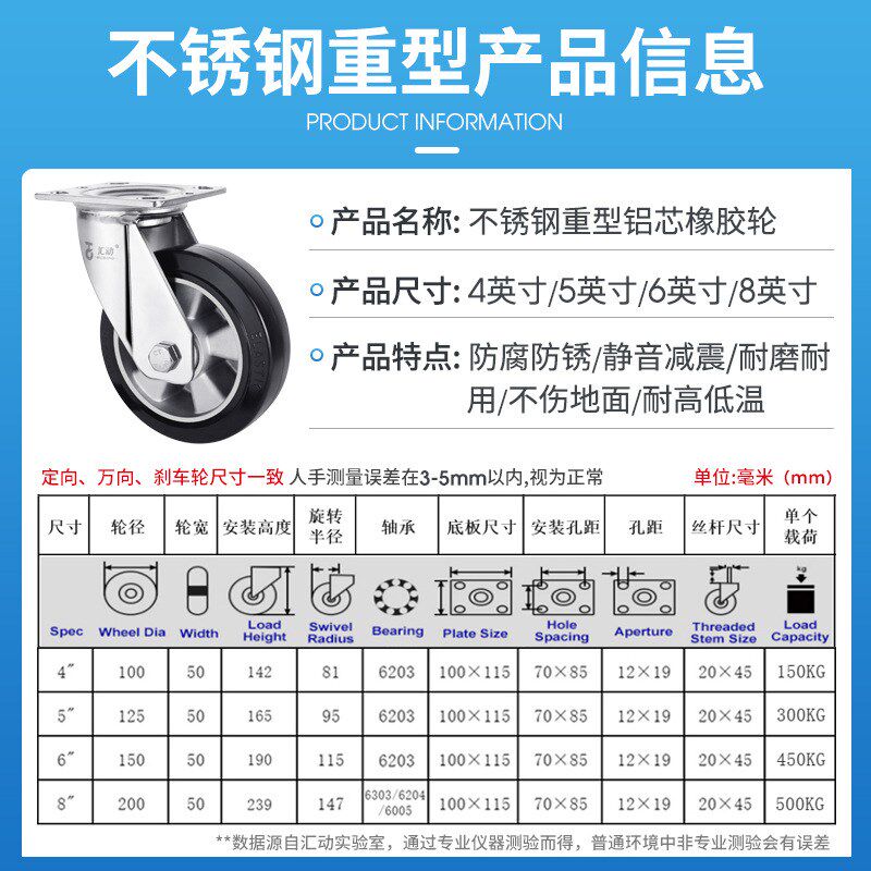 不锈钢4寸万向轮轮子重型5寸静音橡胶轮平板车脚轮手推车轮高承重