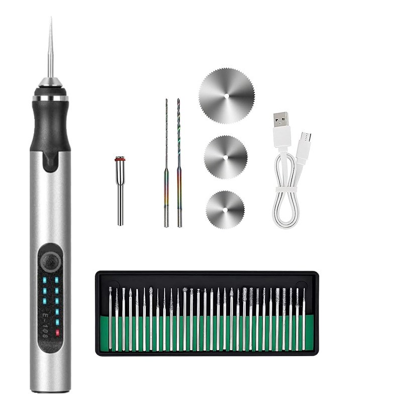 新品E108便捷式2.35MM夹头迷你电磨微型笔式电钻磨甲电动工具38PC