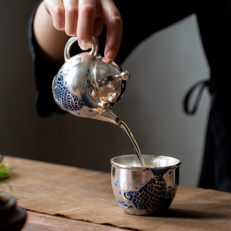 龙鱼鎏银美人壶茶具陶瓷泡茶壶家用手工单壶复古S功夫沏茶鎏银茶