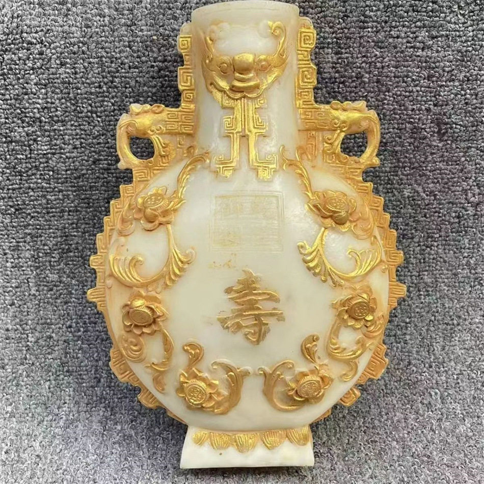 仿白玉花瓶古董玉器古董把件仿高古玉福寿花瓶摆件复古玉雕