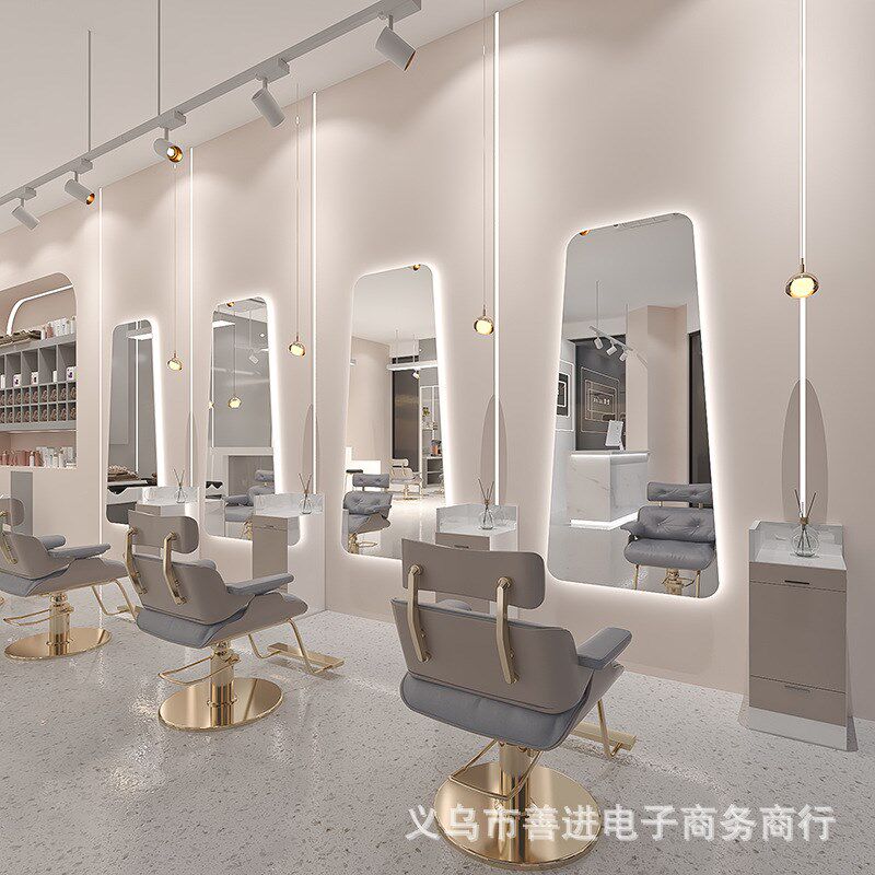 理发店美发镜台发廊专用烫染镜子网红E潮店带LED灯镜剪发梯形镜子