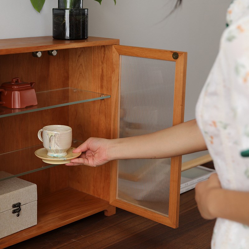 黑胡桃茶室茶道器皿杯子收纳柜日式桌面实K木桌面双门多层储物边