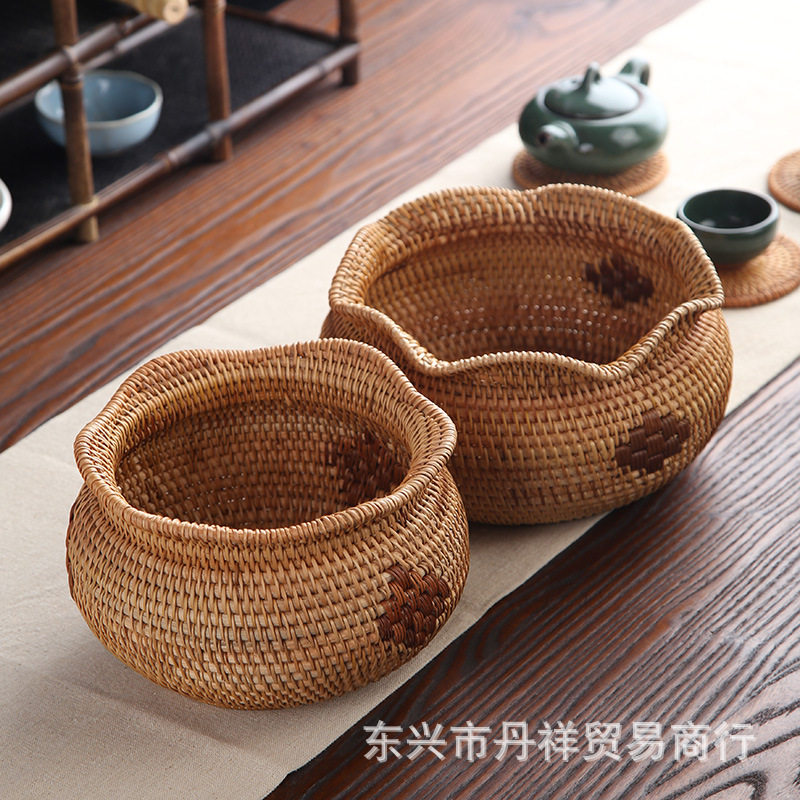 手工编织越南藤编花边罐果盘点心盘水果盘收纳篮复古客厅干果盆
