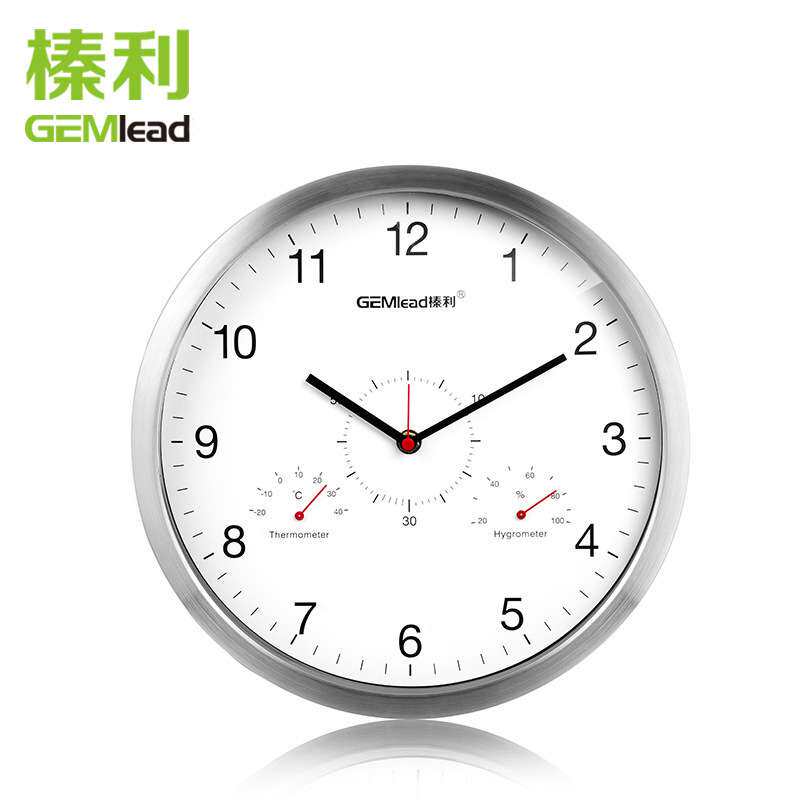 榛利多功能时钟客厅挂钟静音创意挂表家用大表盘温度湿度计不锈钢