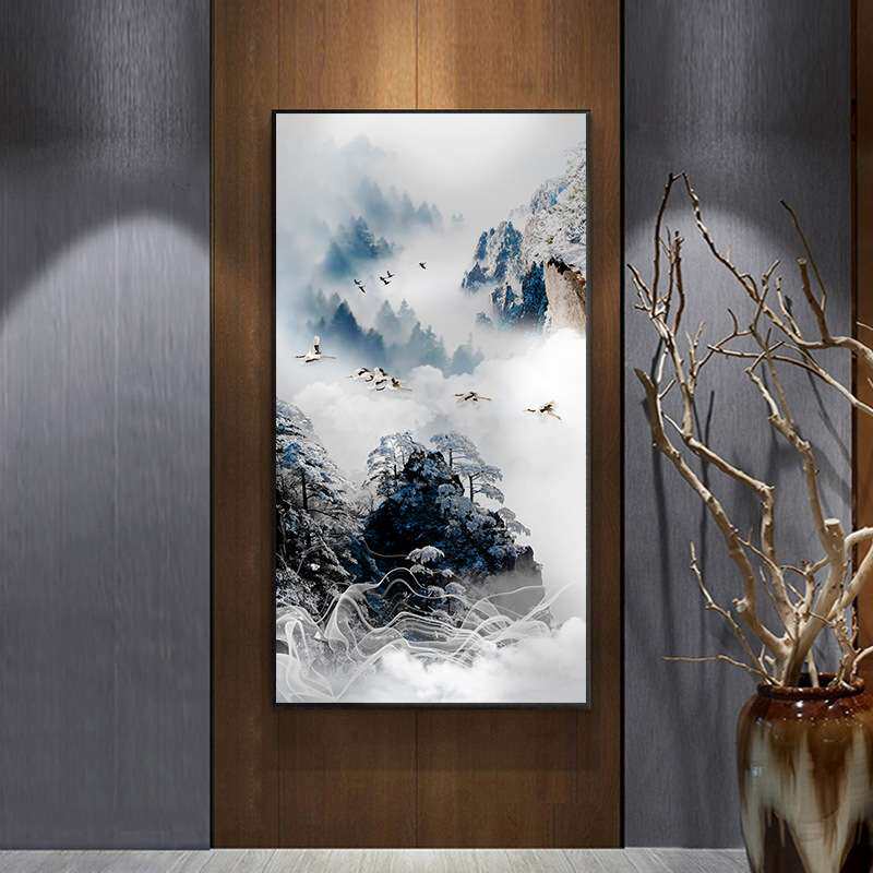 迎客松竖版玄关走廊过道装饰画客厅新中式挂画山水画国画字画