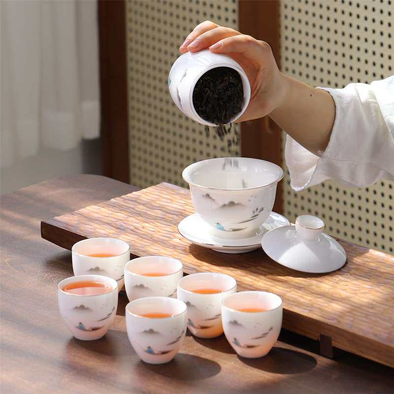 德化白瓷茶具套装家用轻奢高端陶瓷功夫泡茶壶羊脂玉盖碗茶杯中式