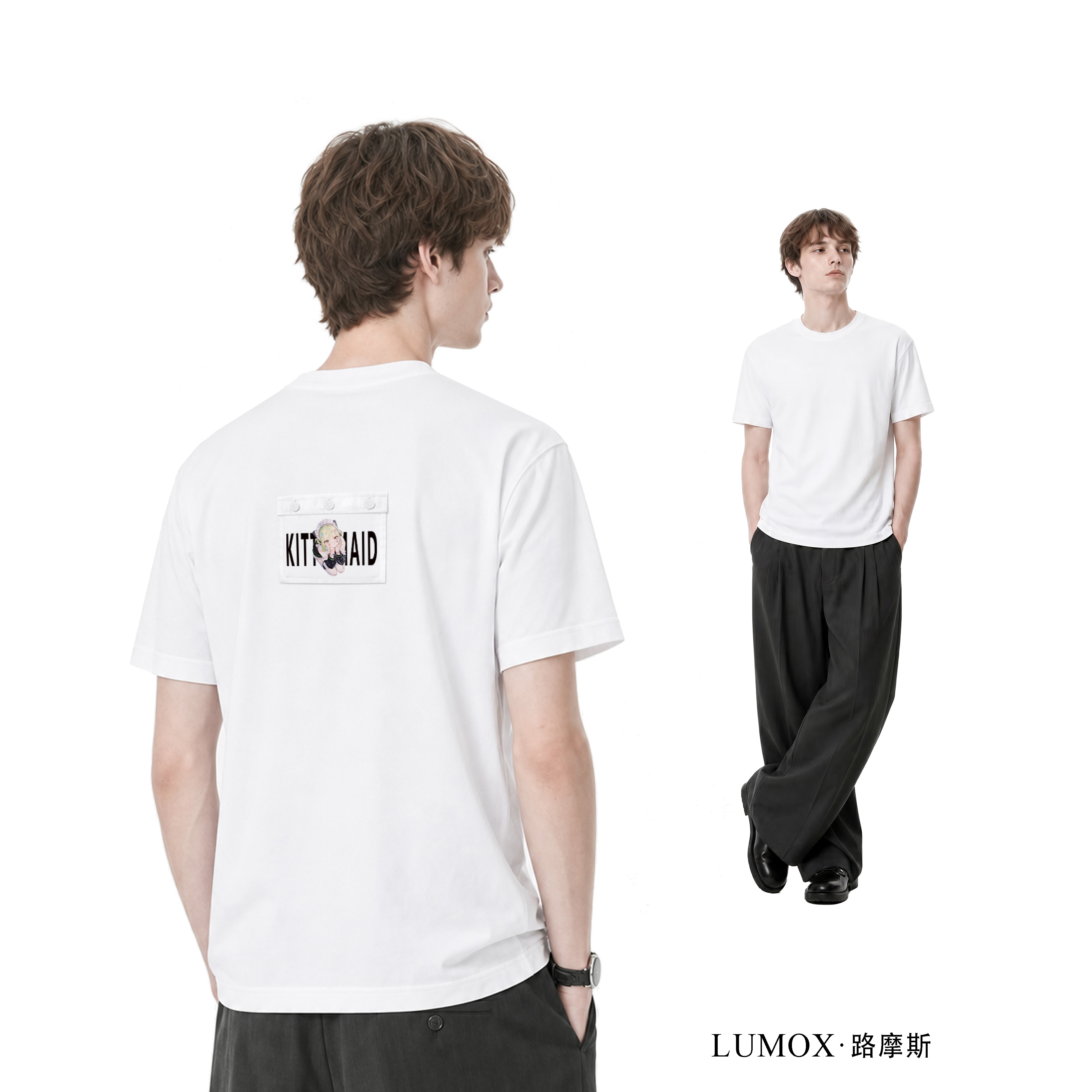 LUMOX路摩斯短袖男装可拆卸布贴圆领T恤宽松休闲白色通勤男士上衣