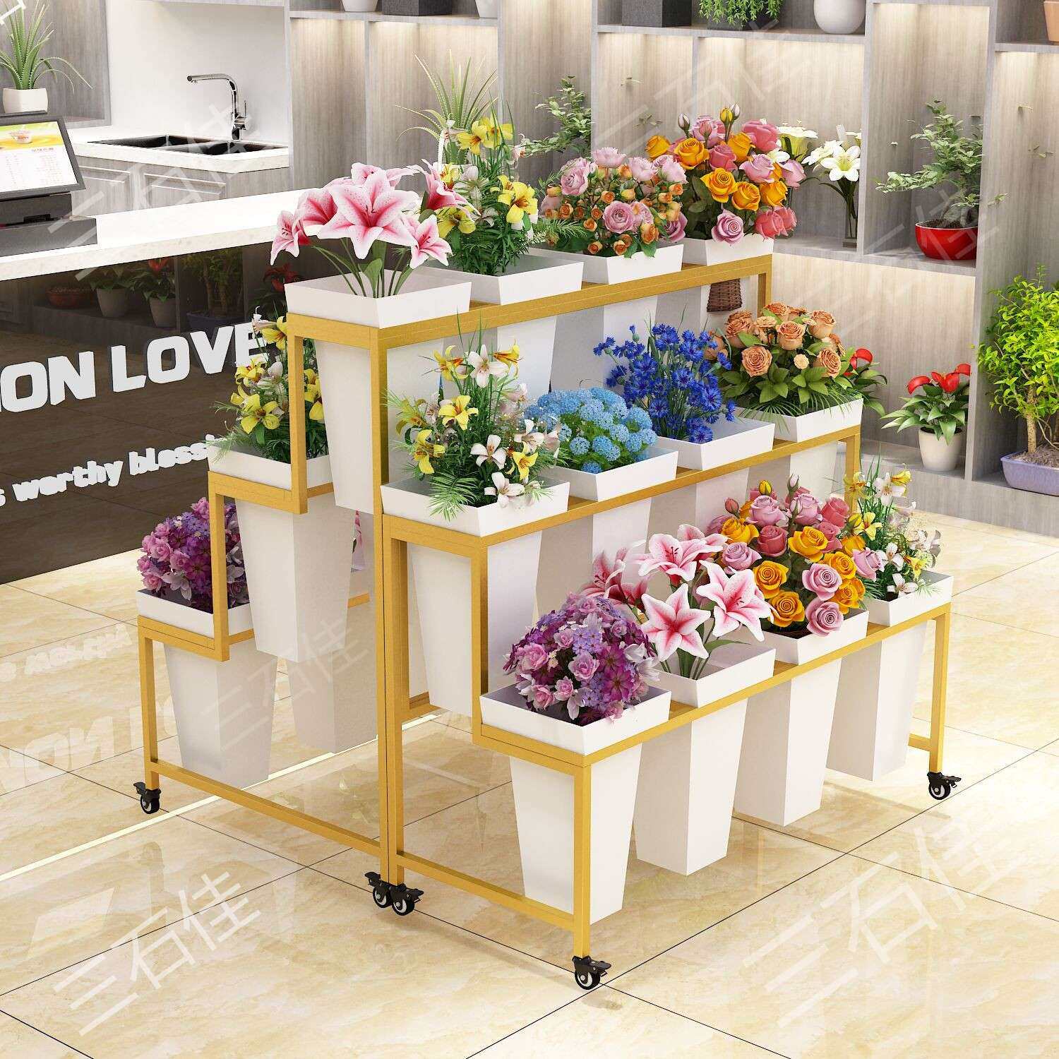 带轮子铁艺花店货架花架多层塑料醒花养花桶可移动鲜花展示架