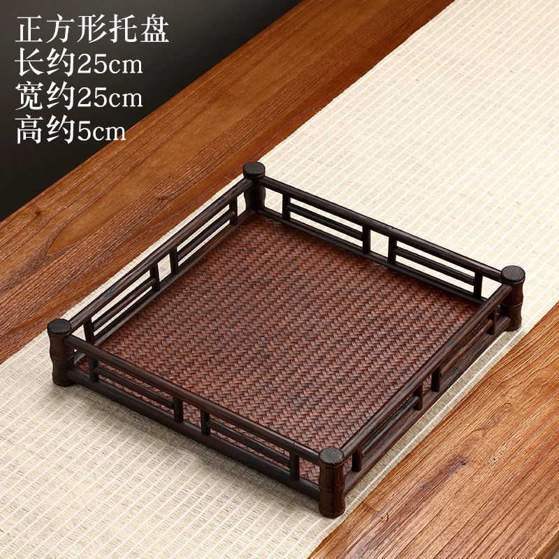 日式竹制托盘 长方形茶杯架 复古茶具收纳盘 家用竹编席面茶盘