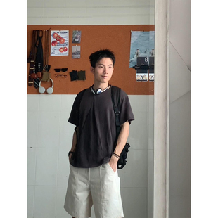 黑子舞想美式复古亨利打褶短袖男夏季cleanfit休闲圆领高级感T恤