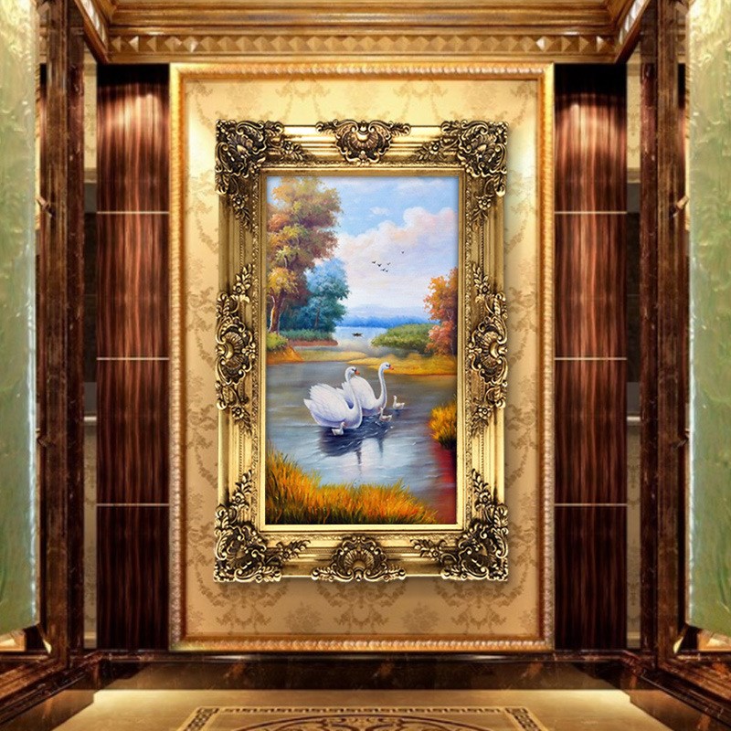 天鹅装饰画欧式入户玄关挂画美式风景油画客厅古T典山水画竖版壁