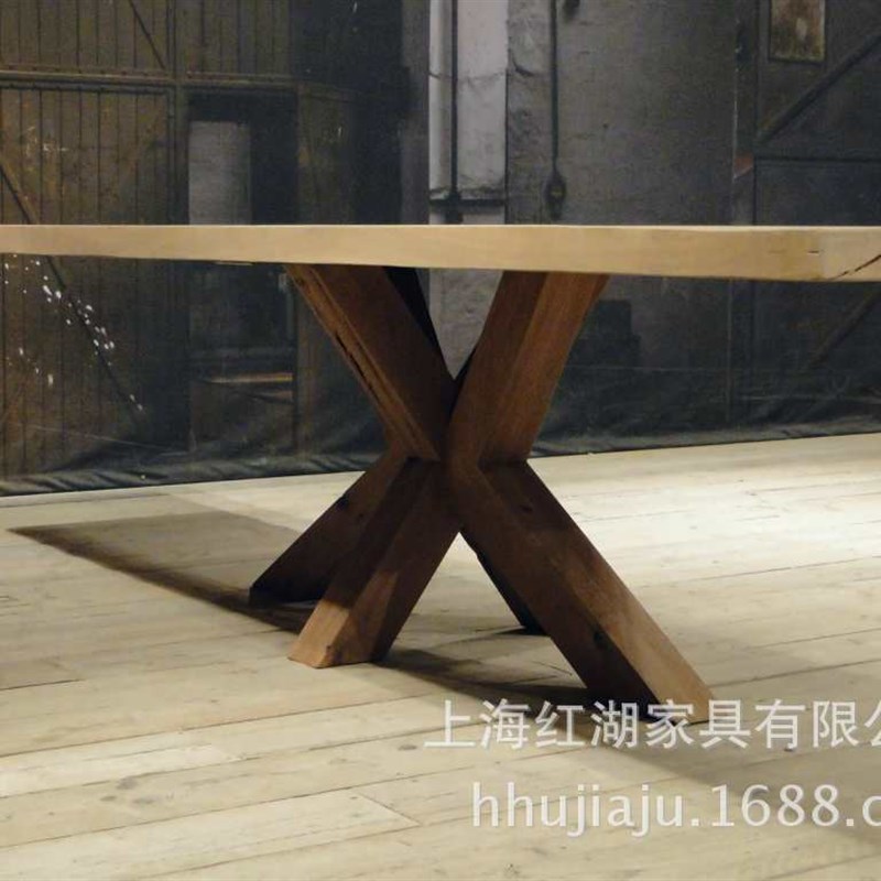 美式实木工装桌子 复古工业风铁艺餐桌实木加厚会议Y办公桌长书桌