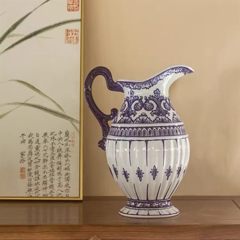 新中式青花瓷陶瓷花瓶复古客厅台面插花器U玄关摆件大奶壶