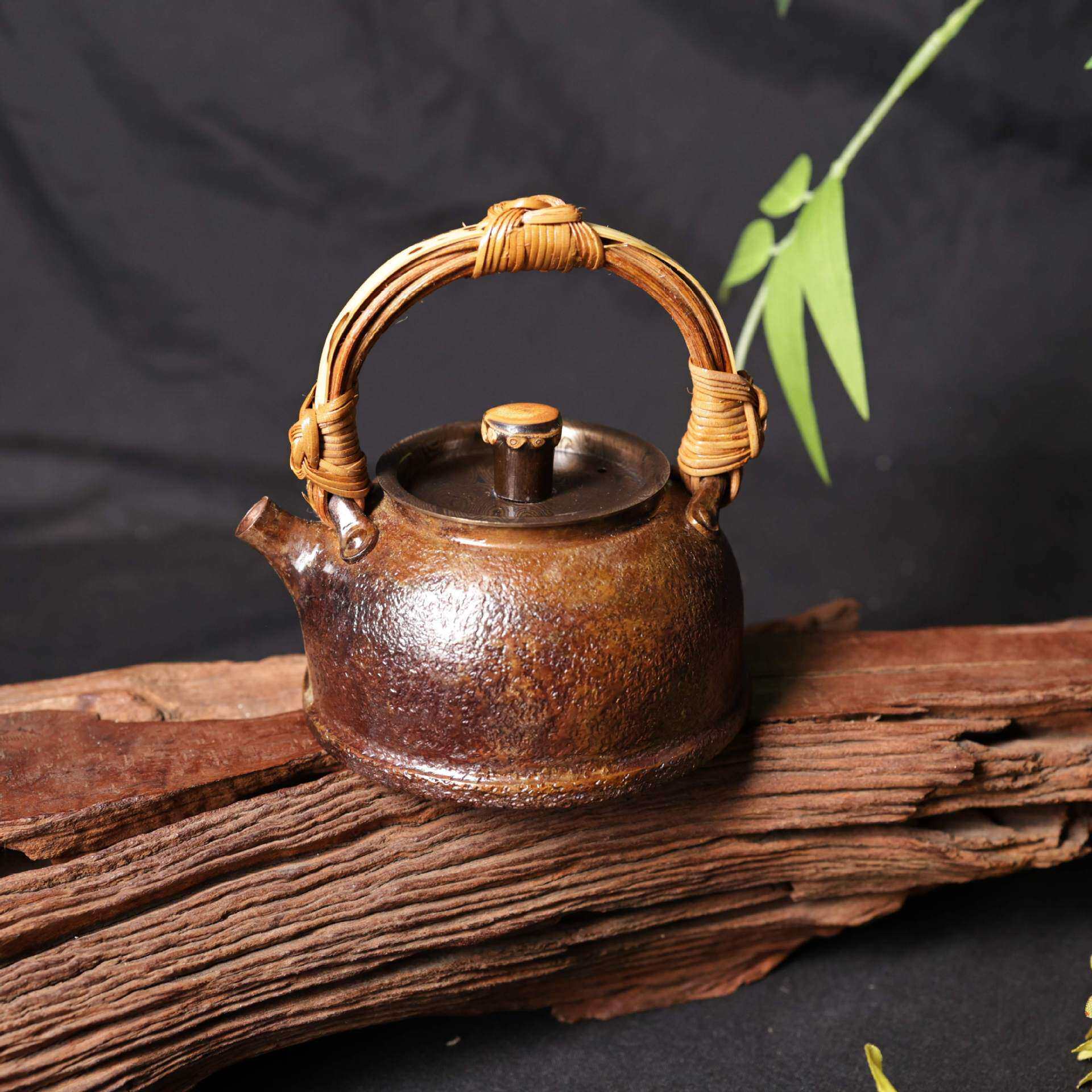 手工锻造紫铜木纹金平底小壶竹把手煮茶壶电陶炉适用专业冲泡茶