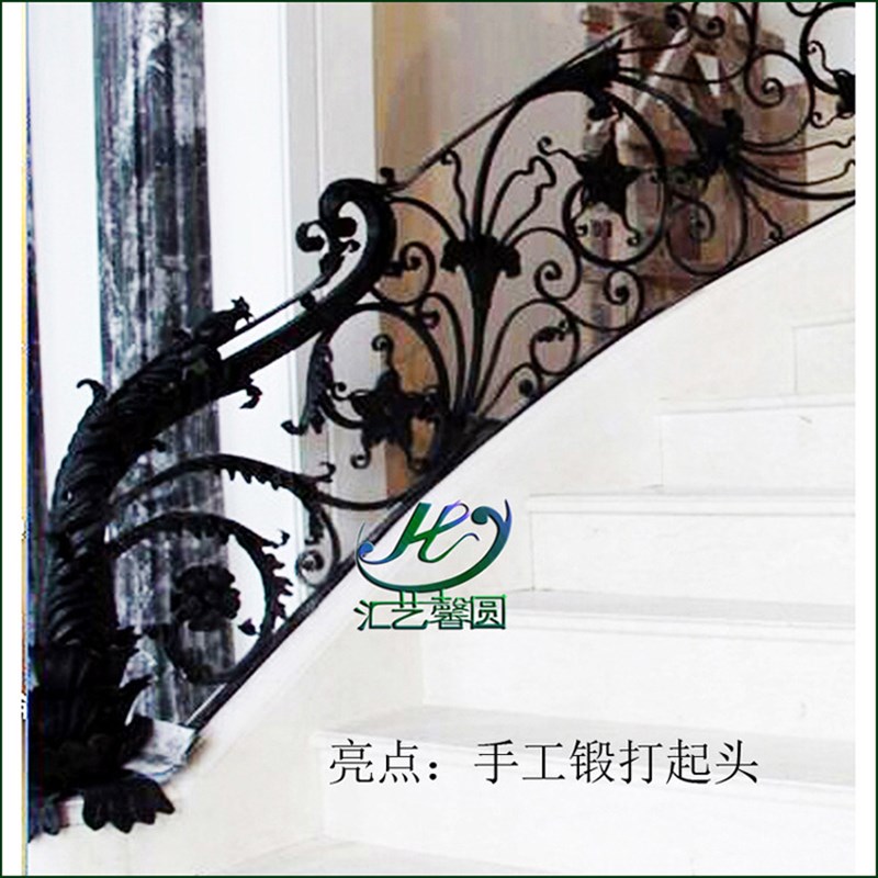 锻打梯式扶手旋转弧形铁艺楼梯护栏E楼梯扶手欧式弧型铁艺护栏扶