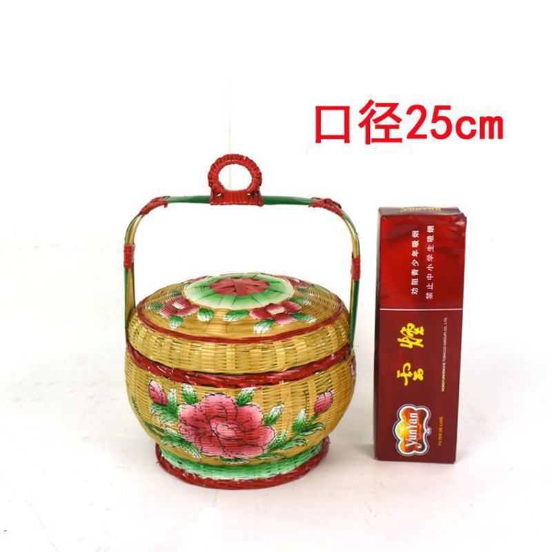 潮汕手工彩绘竹篮婚嫁花篮竹编篮子收纳I蓝储物篮传统竹艺摆件民