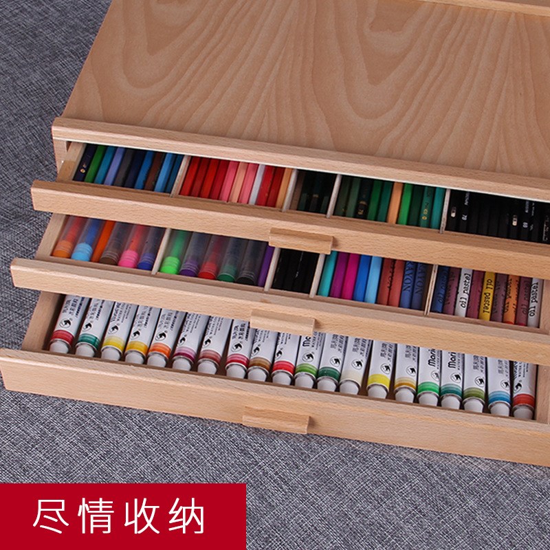 木制3层彩色铅笔收纳盒 画笔蜡笔颜料盒素描铅笔实木多层收纳箱