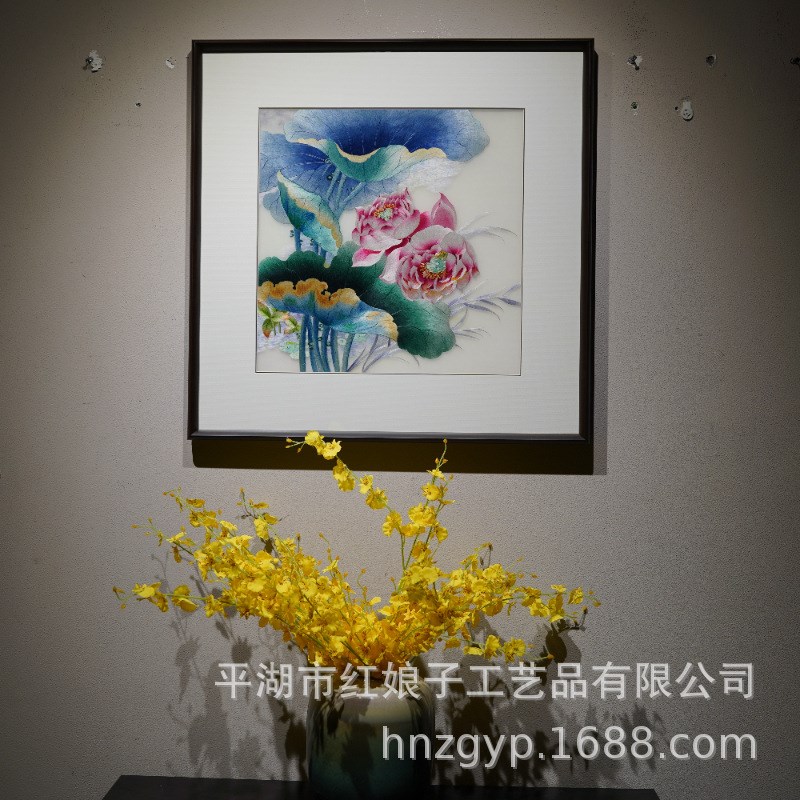 精品纯手工苏绣刺l绣手绣荷花图百年好合带框成品包安装客厅装饰