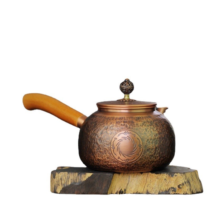 手工侧把小壶锤纹雕花壶仿古锤目纹日式急须铜Q茶壶实木手柄广水