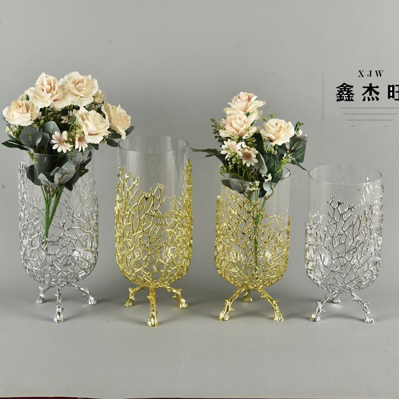 欧式金属玻璃花瓶摆件客厅干插花样板房餐桌花器创意轻奢桌面装饰