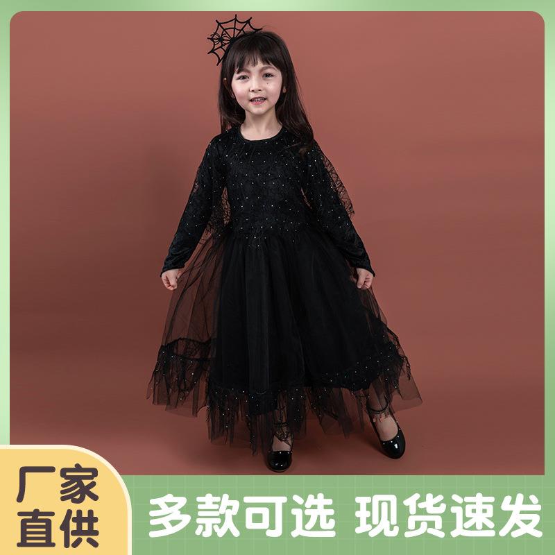 厂家直供万圣节儿童演出服表演服黑色蜘蛛巫婆裙装扮服饰道具