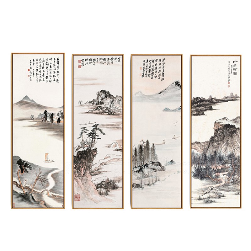 新中式四联装饰画水墨山水画走廊过道玄关画家居酒店壁画工厂
