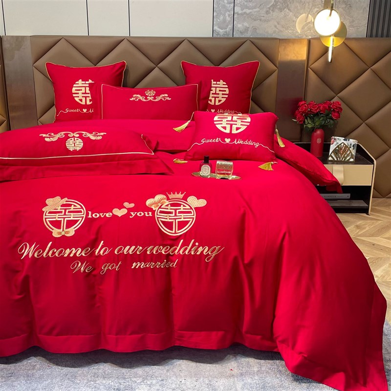 中国风大红色结婚四件套40支全棉纯棉床单婚房布置结婚床上用品