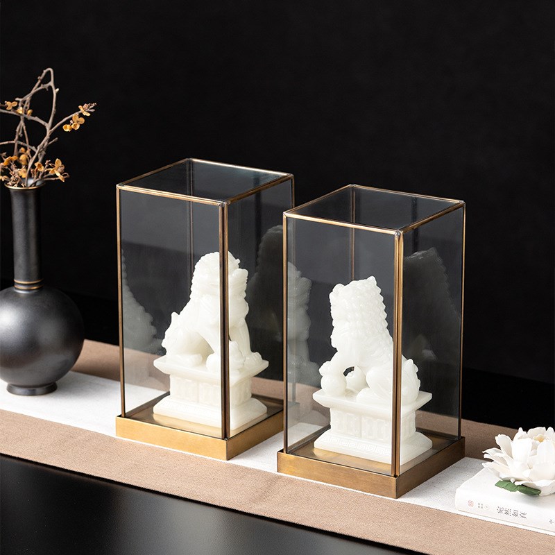 新中式茶室书房书桌装饰品摆设中古样板间展柜博古架白玉狮子摆件