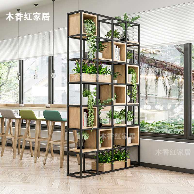 铁艺隔断置物架工业风装饰客厅餐厅实木格子架网红办公室书架落地