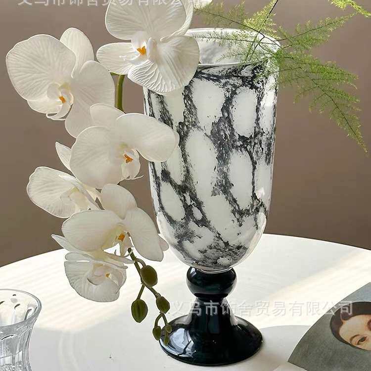 中古风黑白纹欧式复古花瓶桌面摆件装饰大口径风灯花瓶鲜花干花