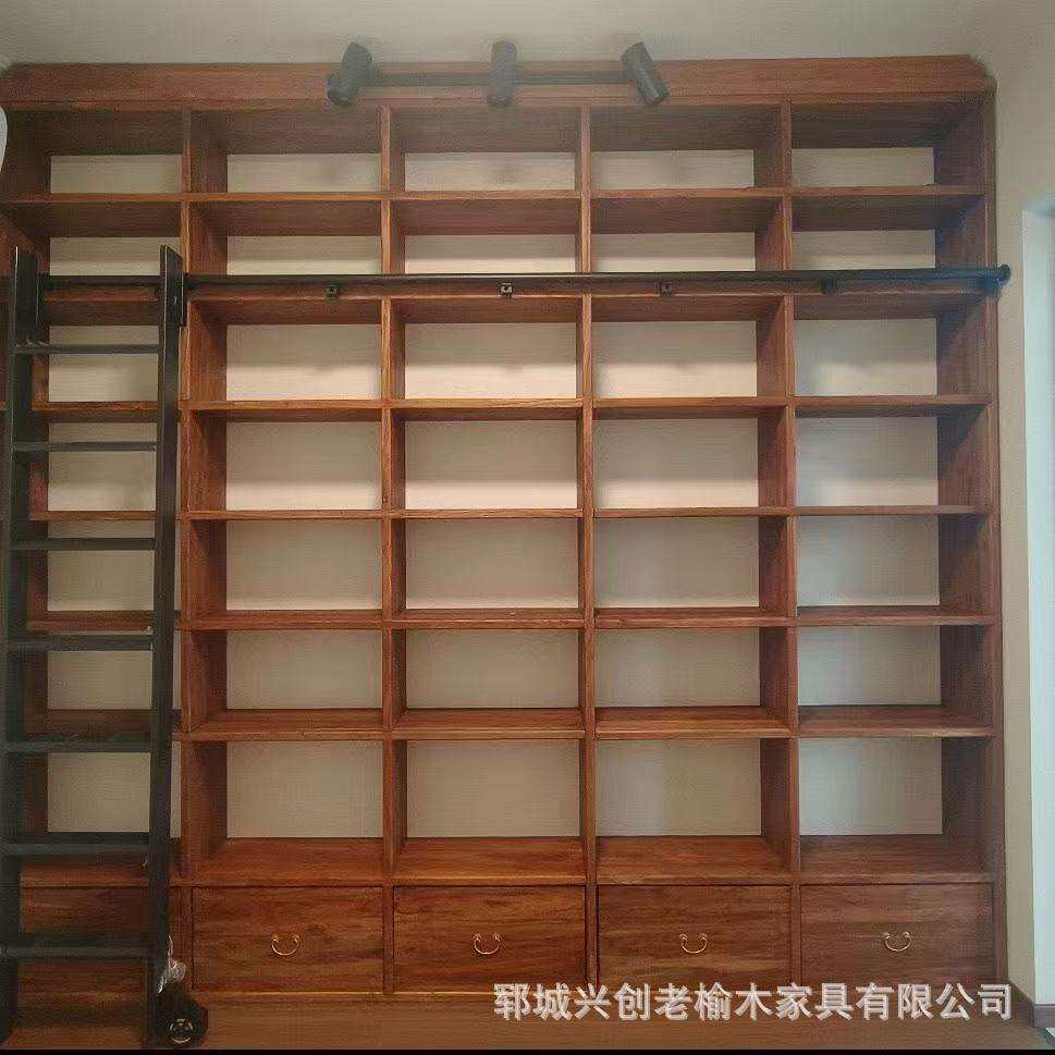 老榆木书架整面墙书柜实木书架格子架满墙书架落地置物架
