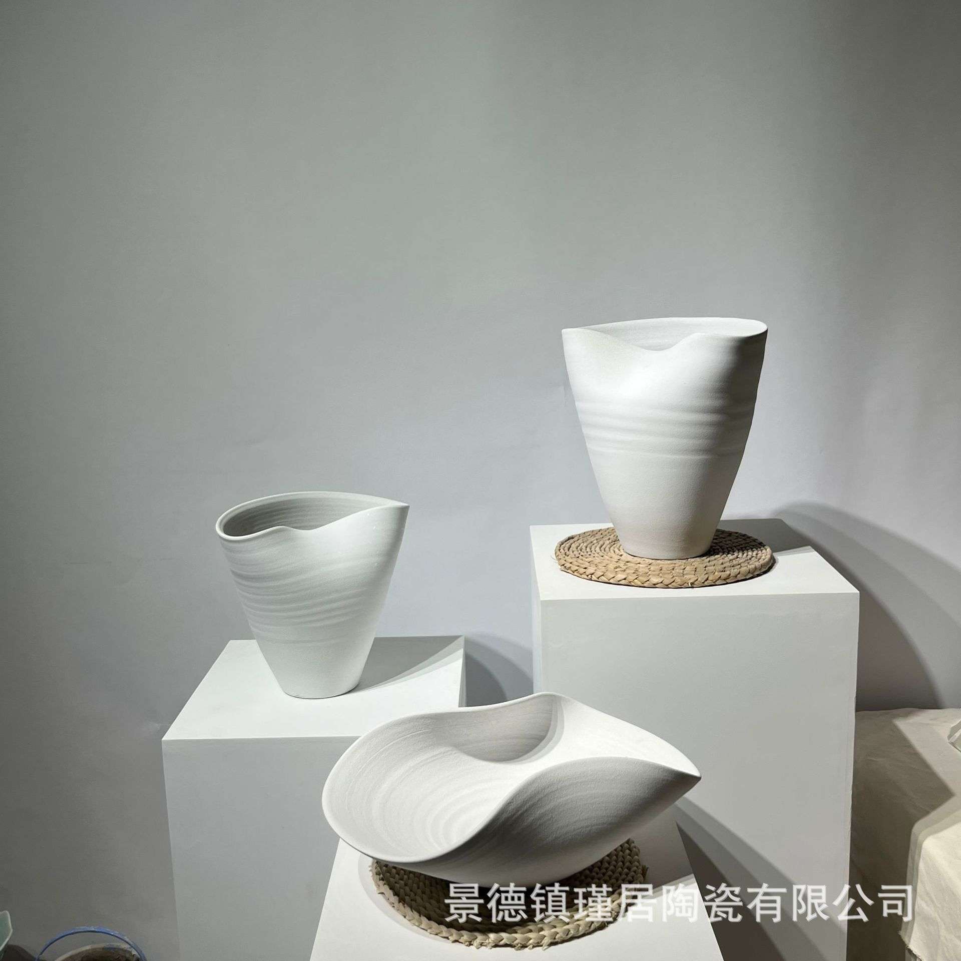 新中式手工拉柸三件套异形花瓶、果盘、现代简约家居软装创意摆件