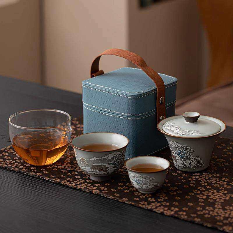 颜荣聪掐丝银汝窑功夫旅行茶具一壶两杯悬停盖碗户外便携式快客杯