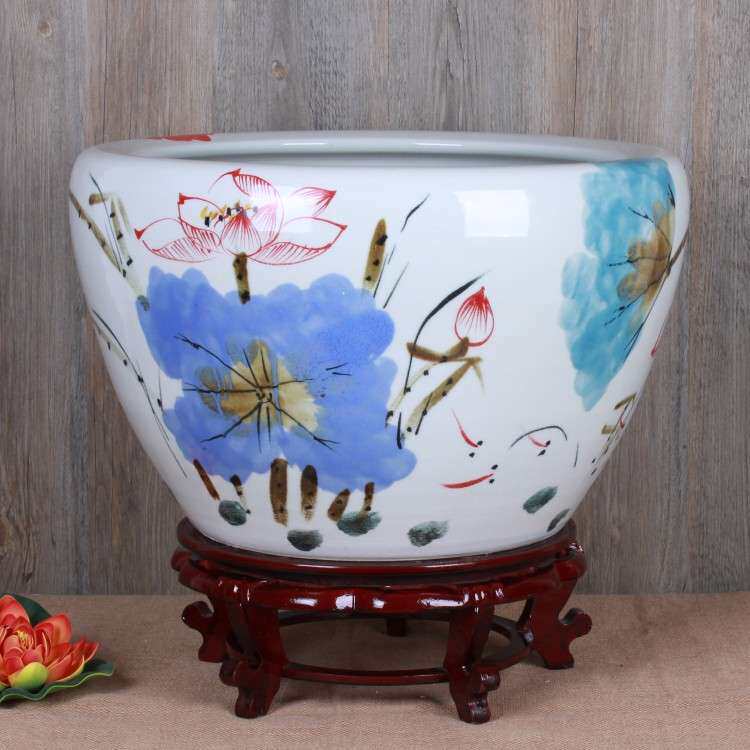 景德镇陶瓷鱼缸花盆手绘窑变裂纹釉荷花金鱼缸睡莲碗莲缸厂家