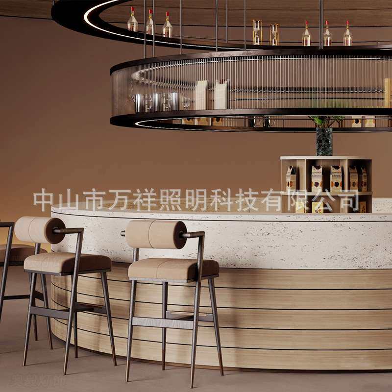 酒吧餐厅空间售楼部吊灯休闲接待区咖啡厅不锈钢圆型吧简约风台灯