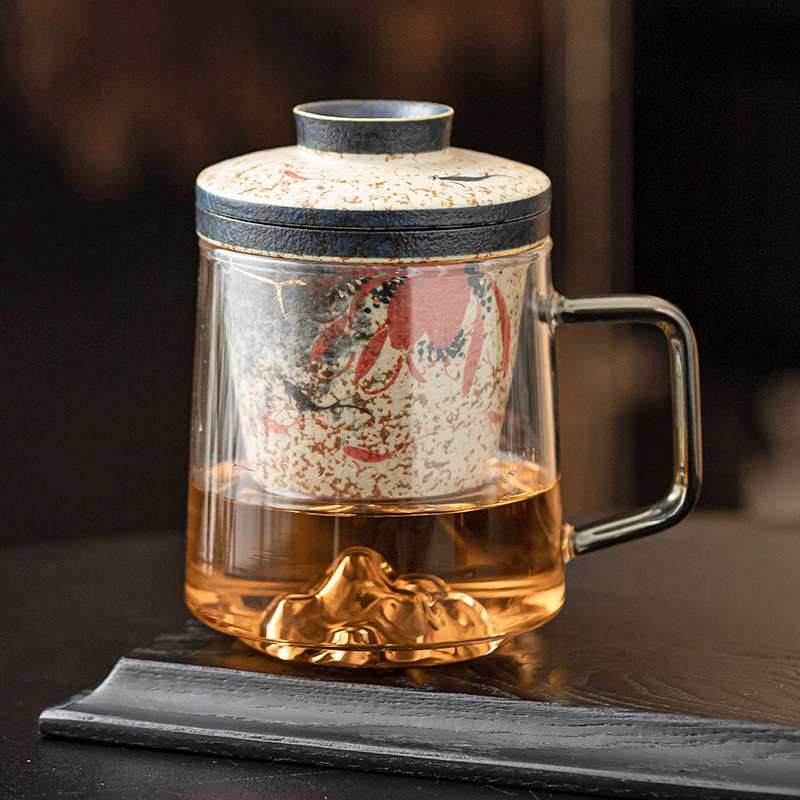 青花火石红茶水分离杯子描金荷韵锦鲤云归办公杯喝茶杯高档马克杯